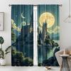 Set Of 2 Flat Printed Curtains Featuring Magical Castle Wizard World Design Night Sky Moon Lightning These Curtain Polyester