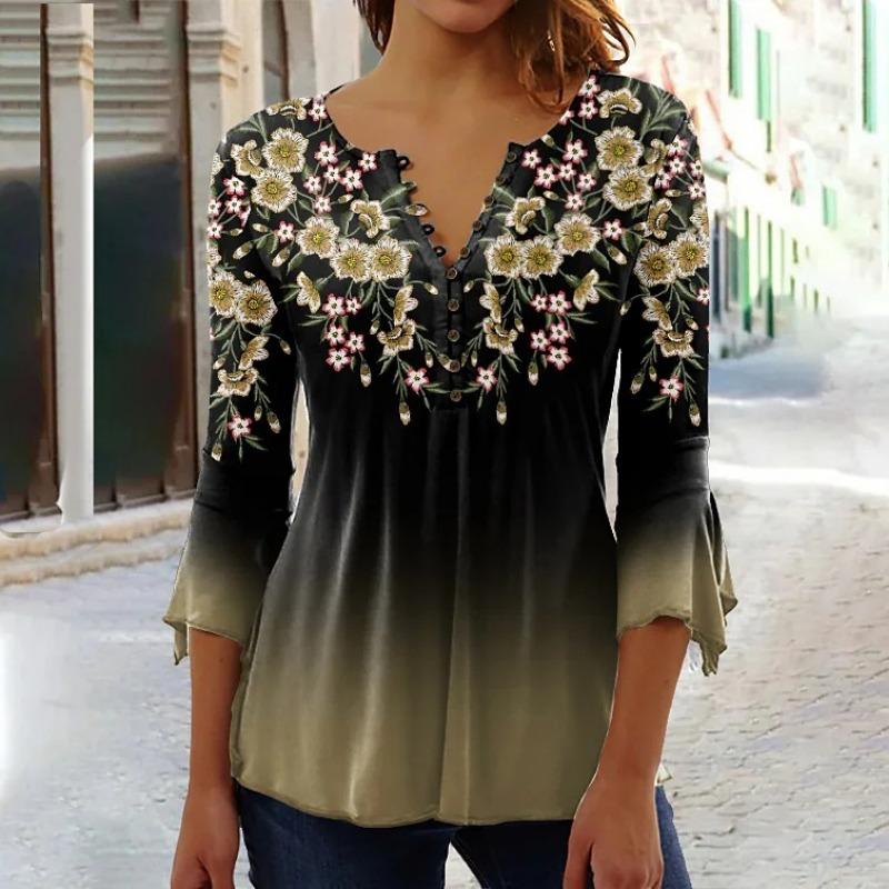 VEZFAA Women's Fashion Casual Spring Fall Flower Pattern Print Long Sleeve V-Neck Blouses & Shirts
