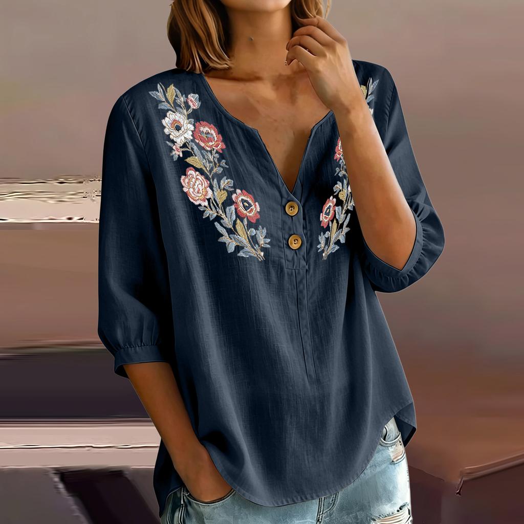 Damen Florale Stickerei Henley Knopfleiste Dreiviertelärmel Leinen Baumwolle Bluse Lässig Lockerer Schnitt Hemd