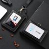 Formal Business ID Badge Holder Durable Real Leather Personnel Work Chest Card Pouch with Lanyard Classic Black