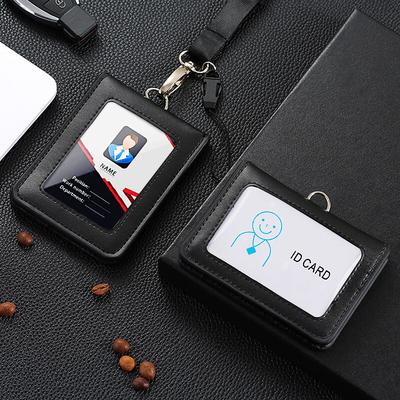 Formal Business ID Badge Holder Durable Real Leather Personnel Work Chest Card Pouch with Lanyard Classic Black