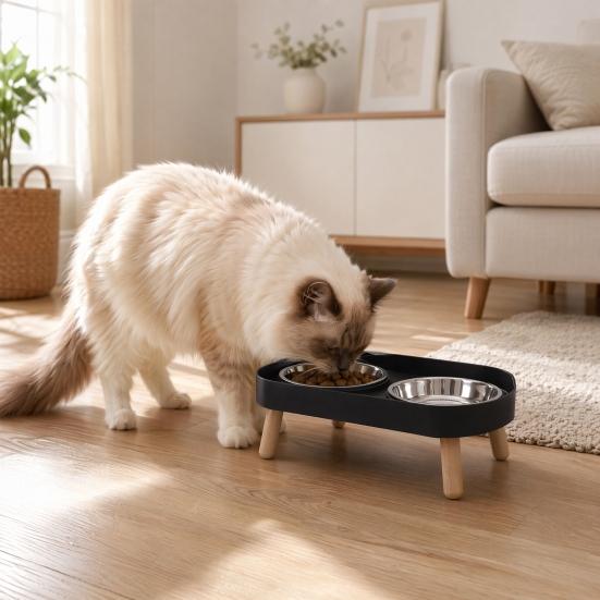 Nostalgie Elevated Cat Bowl, Dual 13.53oz Stainless Steel Bowls, Non Spill Bowl with Raised Stand, Pet Food And Water Set for Indoor Cats
