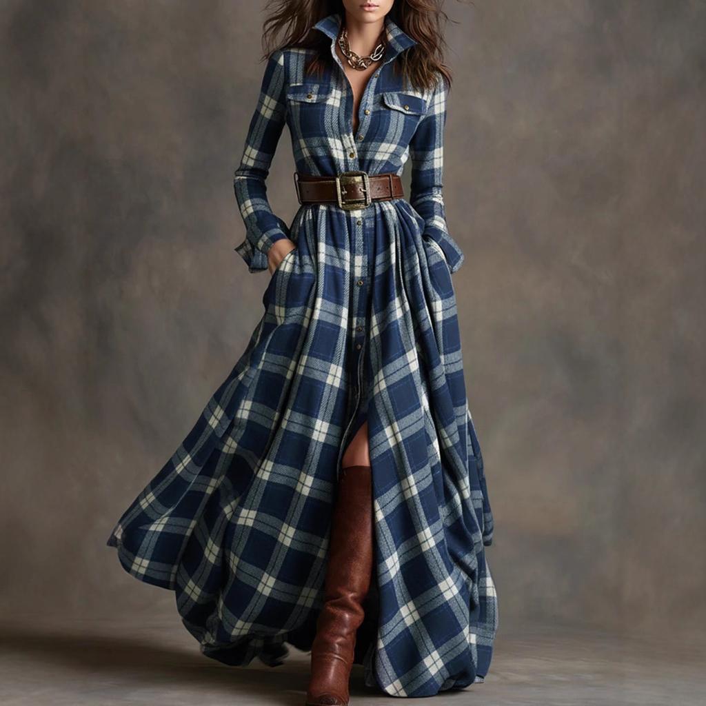 Damska ciemnozielona sukienka koszulowa midi z długim rękawem, zapinana na guziki w kratę