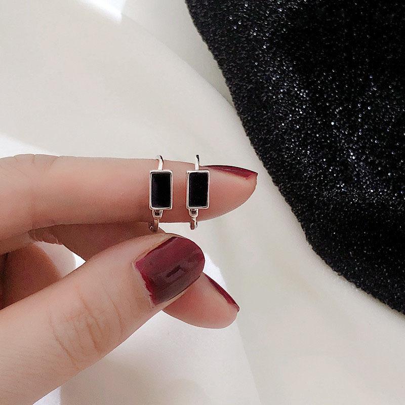 Real 925 Sterling Silver Black Enamel Square Huggies Hoop Earrings For Women Punk Fine Jewelry Accessories Drop Shipping