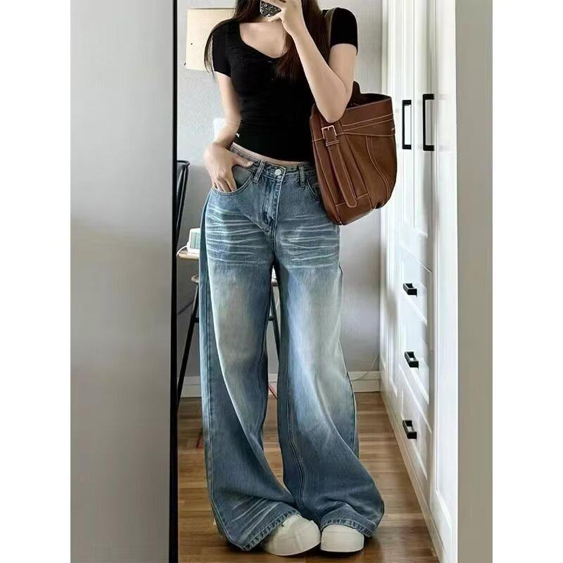 Women's Retro Wide-Leg Washed Blue Jeans: Summer 2024 Loose & Slimming Floor-Length Pants