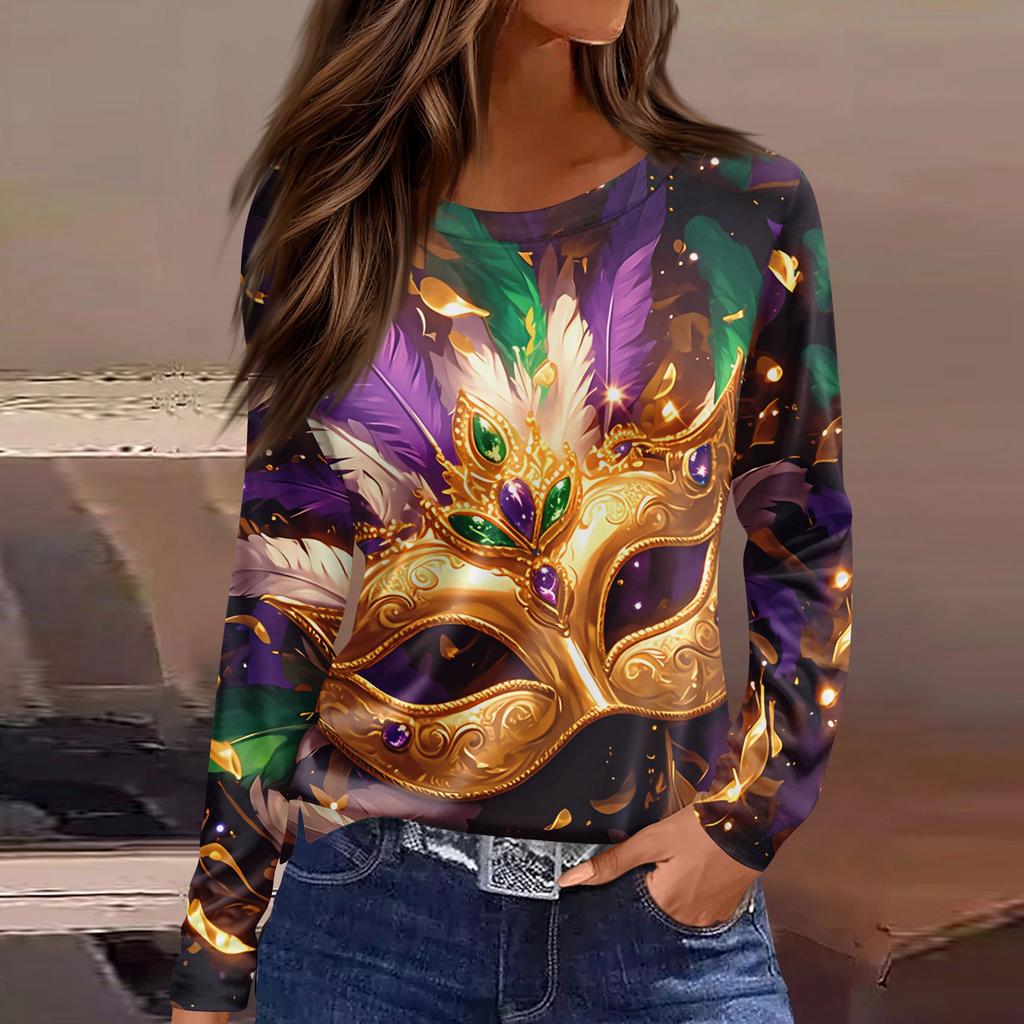 Women's Fashion Casual Slit Hem Round Neck Long Sleeve Loose Printed T-Shirt Top