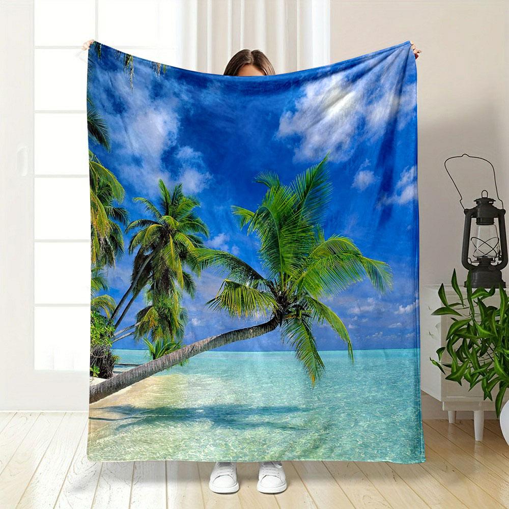 Tropical Beach with Palm Trees Patterned blanket, flannel, suitable for all seasons, home decor, warm and cozy