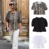 Womens Leopard Print Puff Sleeve Blouse Casual Top Round Neck Short Trendy Streetwear