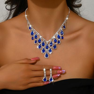 Collar europeo y americano con incrustaciones de diamantes en forma de gota de agua, cadena de cuello personalizada de moda, collar para vestido de noche nupcial, juego de 2 piezas