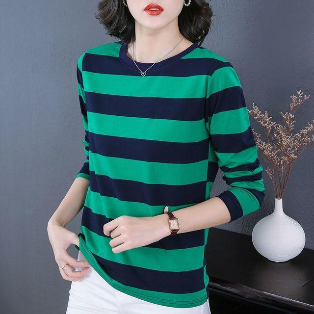 

New Striped T-shirt Women s Loose Mom Top Age Reducing Casual Round Collar Long Sleeve Bottoming Shirt M-5XL L зелений