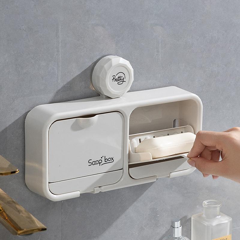 Suction Cup Flip Soap Box Punch-Free Soap Box Wall-Mounted Storage Rack Home Drain Storage Bathroom Toilet