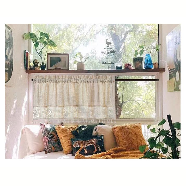 Cortina Curta de Renda de Linho e Algodão, Cortina Divisória com Franjas de Borla, Painel Bloqueador de Luz para Janela Pequena, Bainha para Varão Decoração de Casa