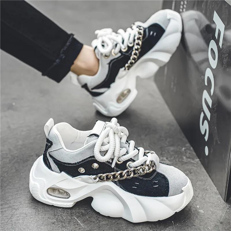 Outdoor Sports Style Men Platform Casual Tennis Sneakers Fashion Metal Chain Decoration Comfortable Lace Up Male Running Shoes
