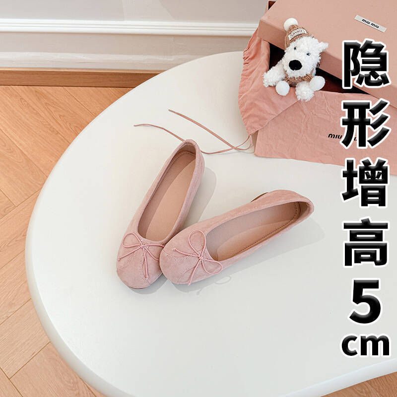 French inner height increase shallow mouth single shoes women's new spring and summer new bow pigskin ballet shoes