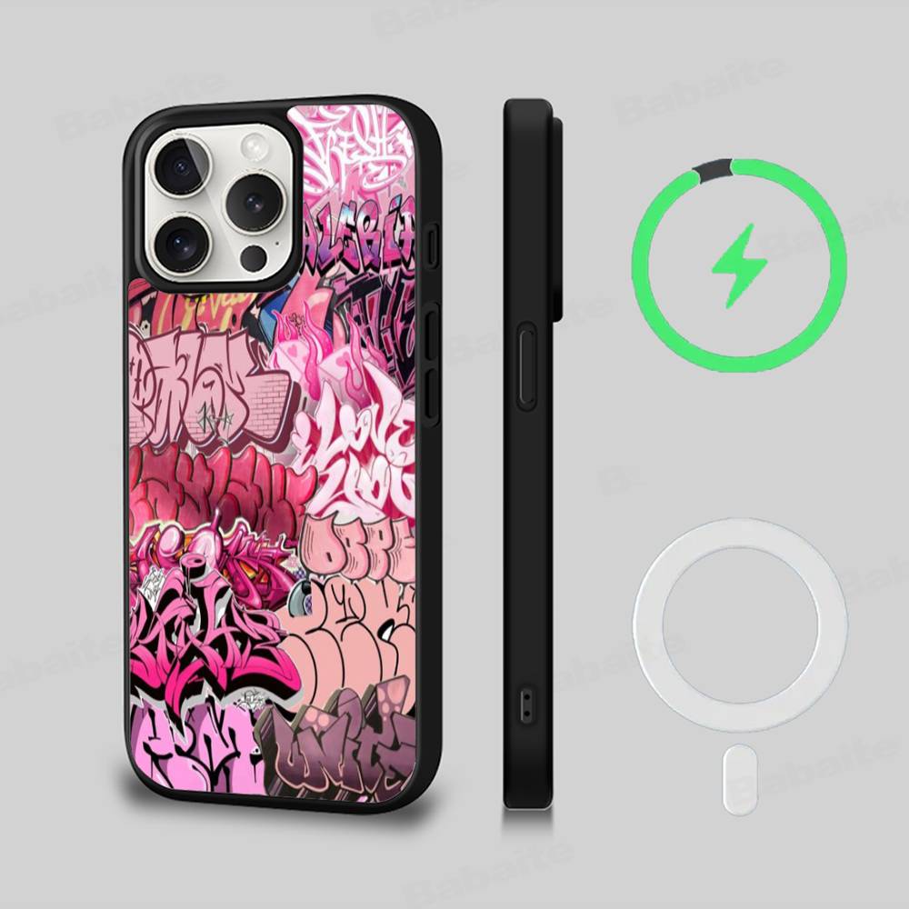 Cool Black Graffiti Phone Case For iPhone 13 14 15 11 12 16 17 Pro Max Plus For Magsafe Magnetic Shell