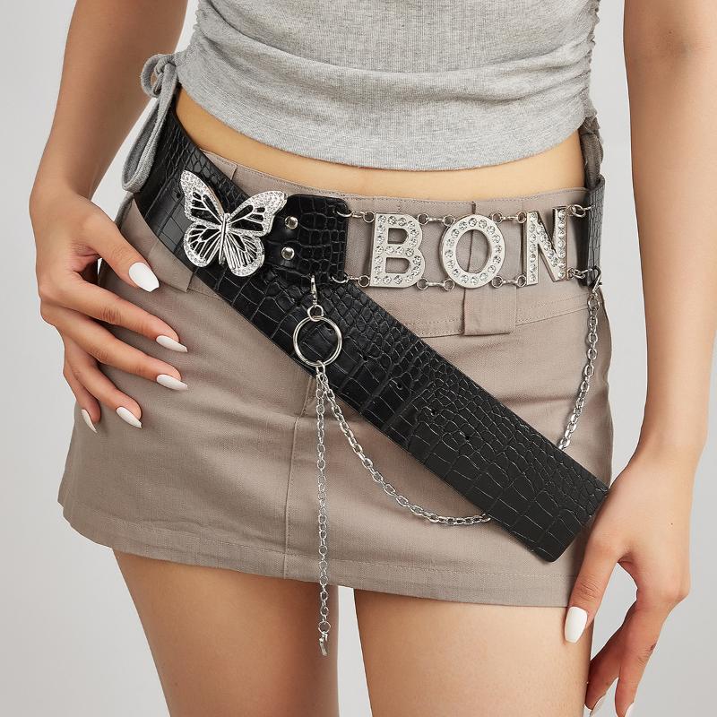 Personalised Y2K Letter  Belt Chain  Butterfly Decoration Belt All-Match Pu Leather Belts Chain