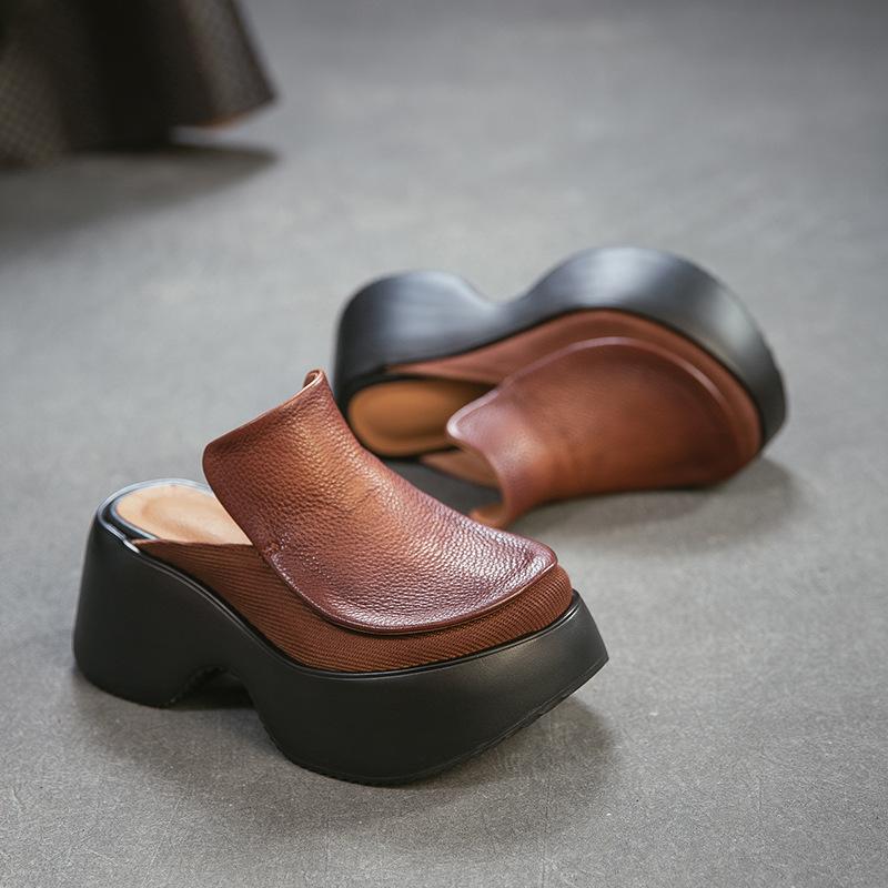Johnature Height Increasing Outdoor Platform Slippers Genuine Leather Round Toe Thick Soled Women's Shoes