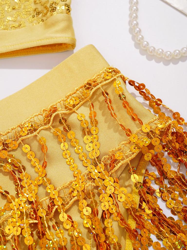 Completo Due Pezzi da Ballo con Paillettes per Ragazze Top a Scollo all'Americana con Cut-out Pantaloncini con Frange di Paillettes Outfit per Performance Jazz Latino Samba