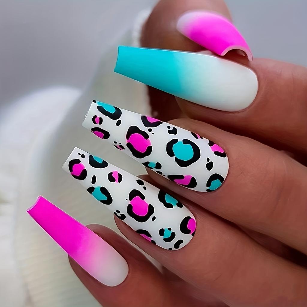 24 peças Leopard Gradient Press On Nails - Unhas Postiças Matte Blue Pink com Cobertura Total Long Coffin Ballerina Design - Fácil de Aplicar e Remover - Perfeito