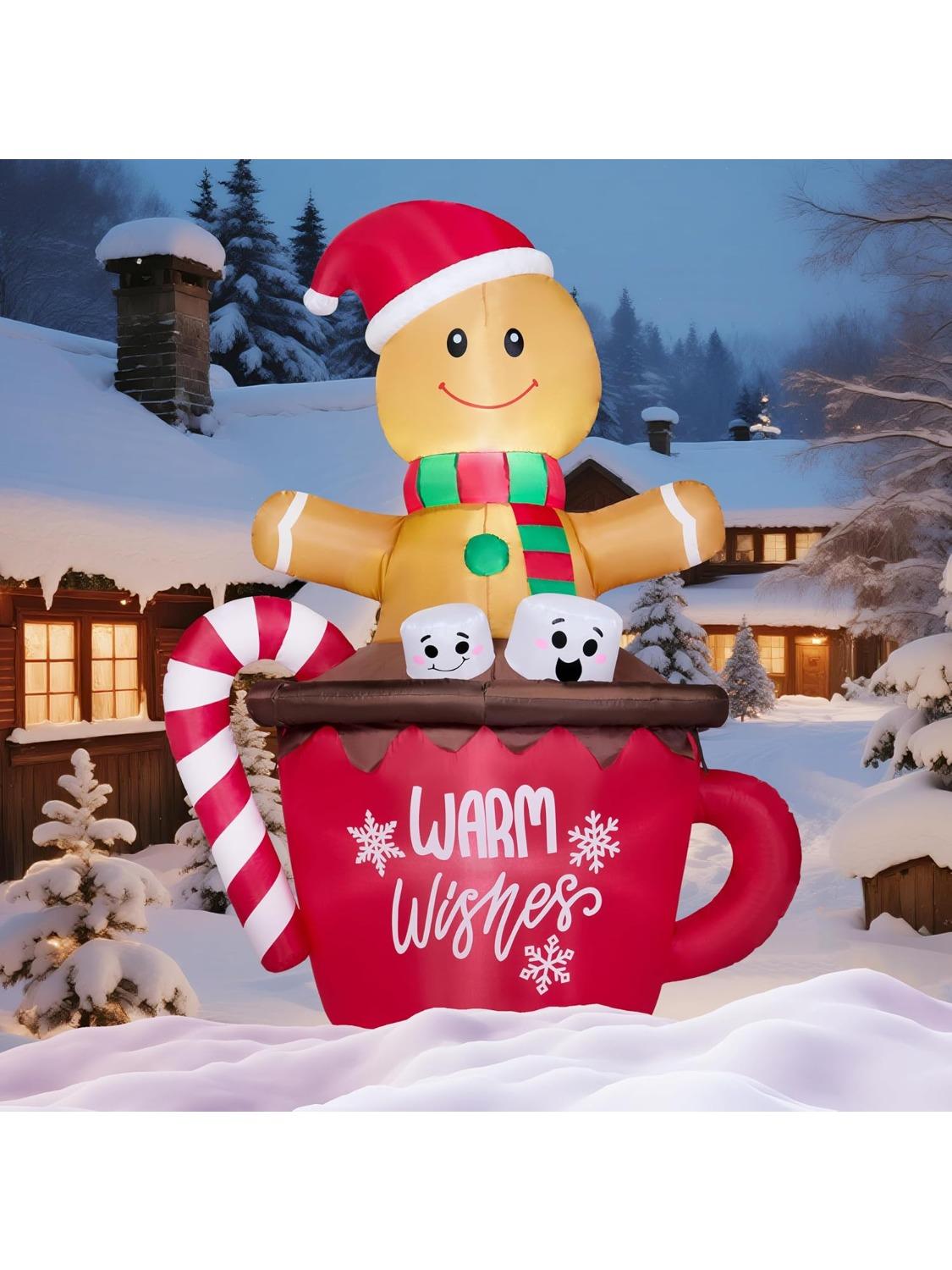 

JOYFY 6 FT Tall Christmas Inflatable Gingerbread Man in Hot Cocoa Mug with Build-in LEDs for Xmas Party Outdoor Garden Decor