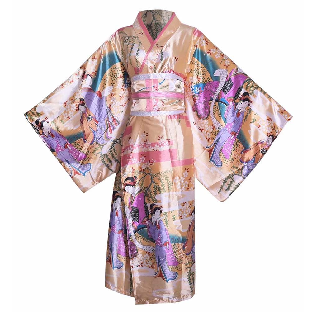 Long Kimono Japanese Stage Costume with Japanese Pattern Women's Dress, Ukiyo-e Style, Yukata, Geisha, Dance, (KL06-Light Gold)