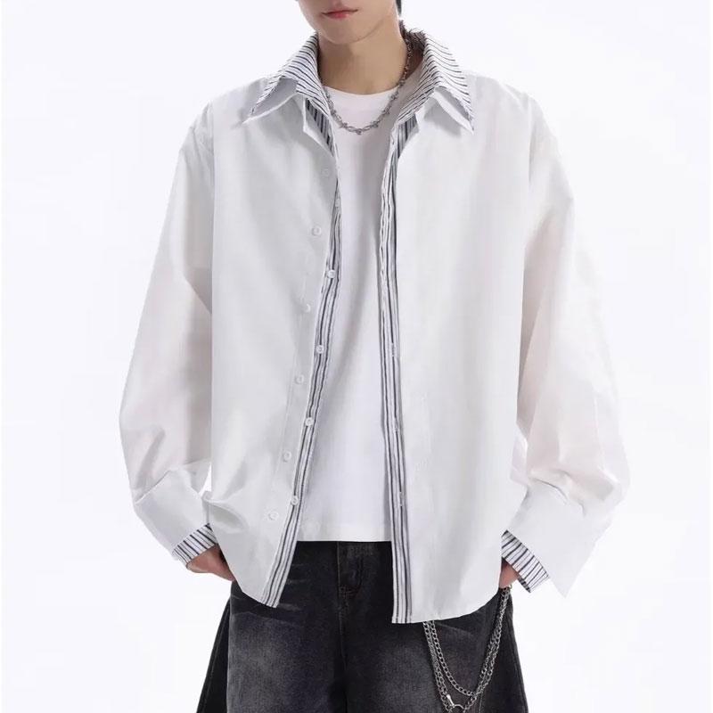 Fashionable Striped Spliced Basic Shirts Men's Clothing Fake Two Pieces Autumn Long Sleeve Casual Lapel Single-breasted Shirts