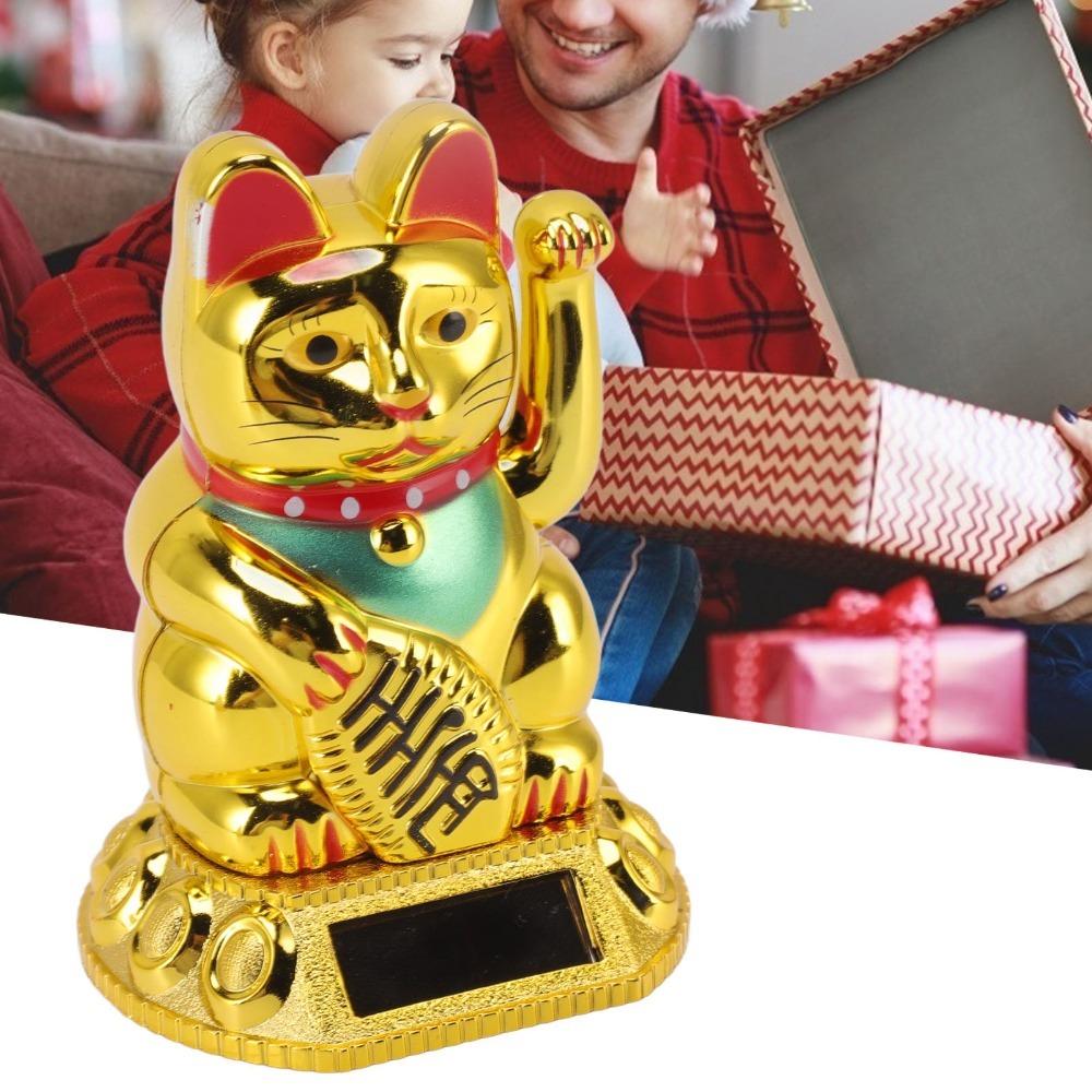 Gold & White Solar Waving Fortune Cat Ornament Hotel Restaurant Display Piece