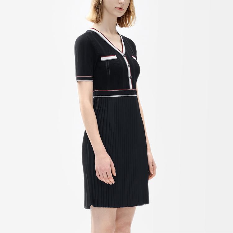 FILA Modern Heritage Series French Classic Solid Color Mid-Rise Striped V-Neck Pullover Short Sleeve Dress Women dresses Legendary-Blue F11W331399A-NV