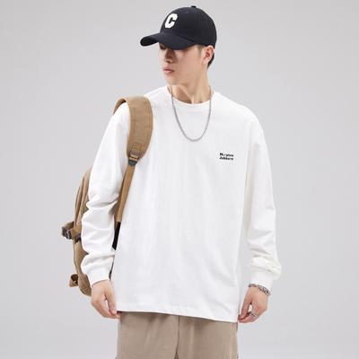 Trendy White Sweater T-Shirt Men'S Spring And Autumn Loose Round Neck Pure Cotton Letter Casual Top Bottoming Shirt