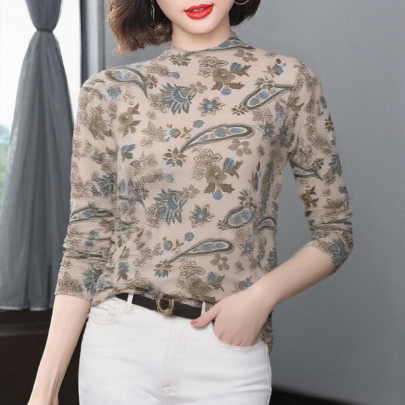 

Autumn Winter New Arrival: Elegant Printed Long Sleeve High-Collar Top for Middle-Aged Women L