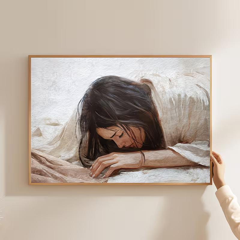 Religious Canvas Art Print - Inspirational Christian Wall Decor Featuring Woman Touching Jesus Robe, Ideal for Living Room, Bedroom, Kitchen 20x30cm