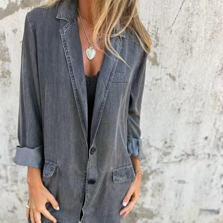 Women's Blue Denim Blazer Jacket Casual Slim Fit Stretch Outerwear