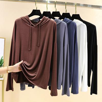 Modal Long-sleeved Hooded T-shirt Women's Spring Casual Large Size Loose Inner Bottoming Shirt Was Thin and Sunscreen Thin Top
