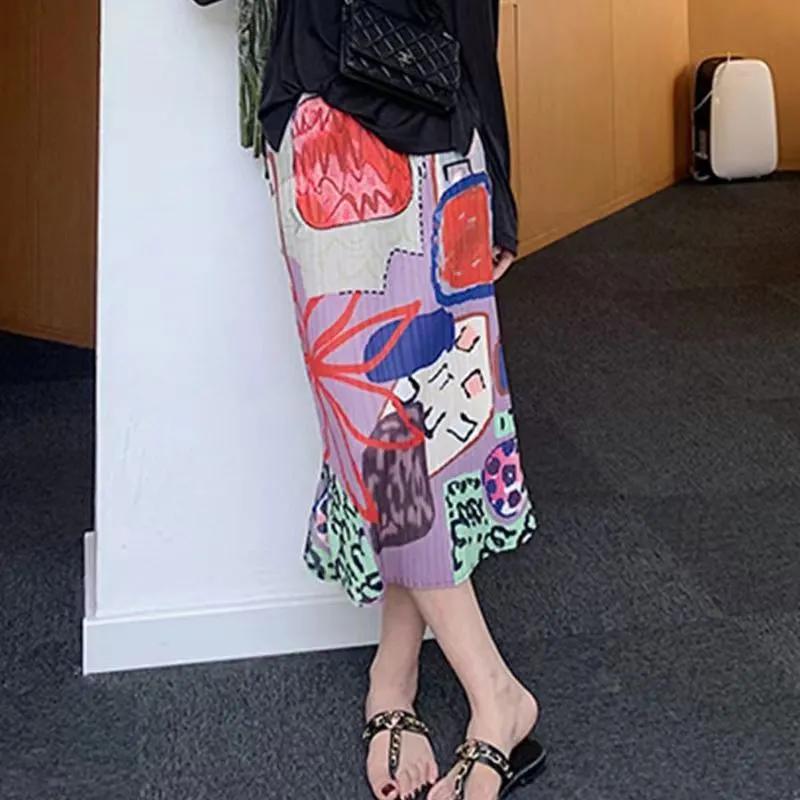 Fashion Printed Pleated Skirt with Side Slit Design for Women's Clothes