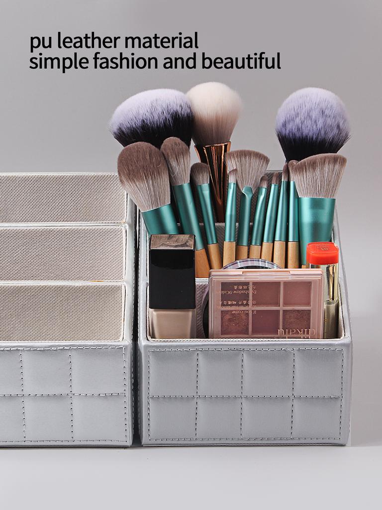 Large-capacity Stepped Makeup Storage Box, Leather Multi-compartment Makeup Brush, Cosmetics Storage Box, Desktop Storage Tool