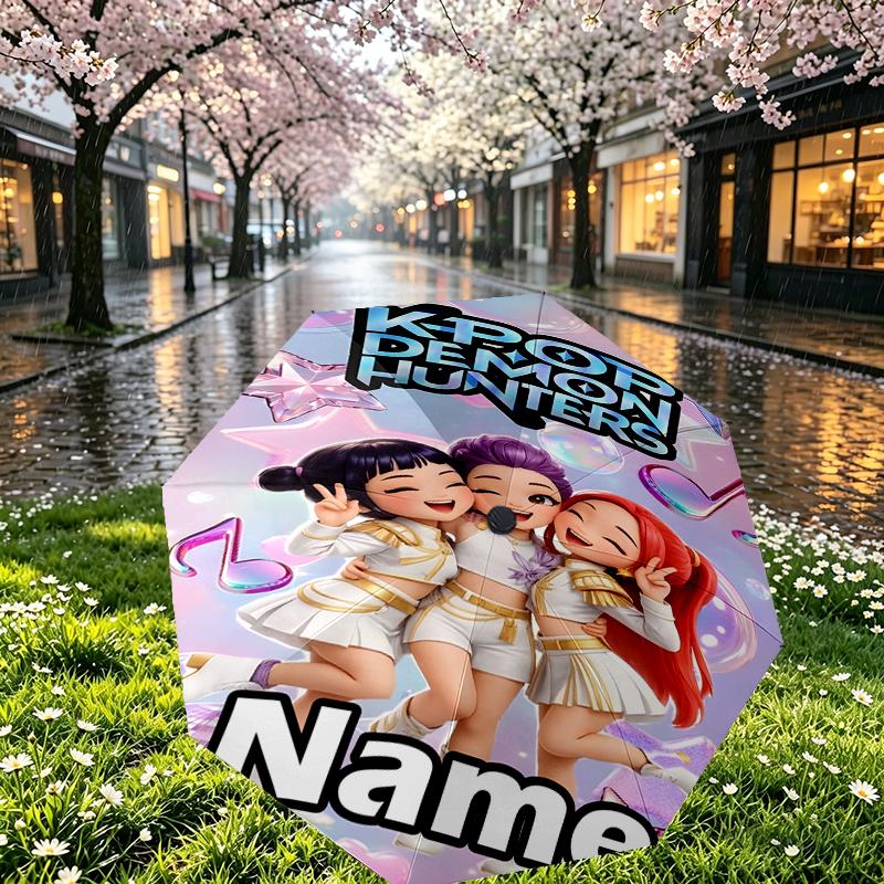 Custom Name Personalized KPop Demon Hunters Print Umbrella, Auto Open Close, 8‑Rib Sturdy Frame, Commute Camping Hiking Use, Birthday Gift