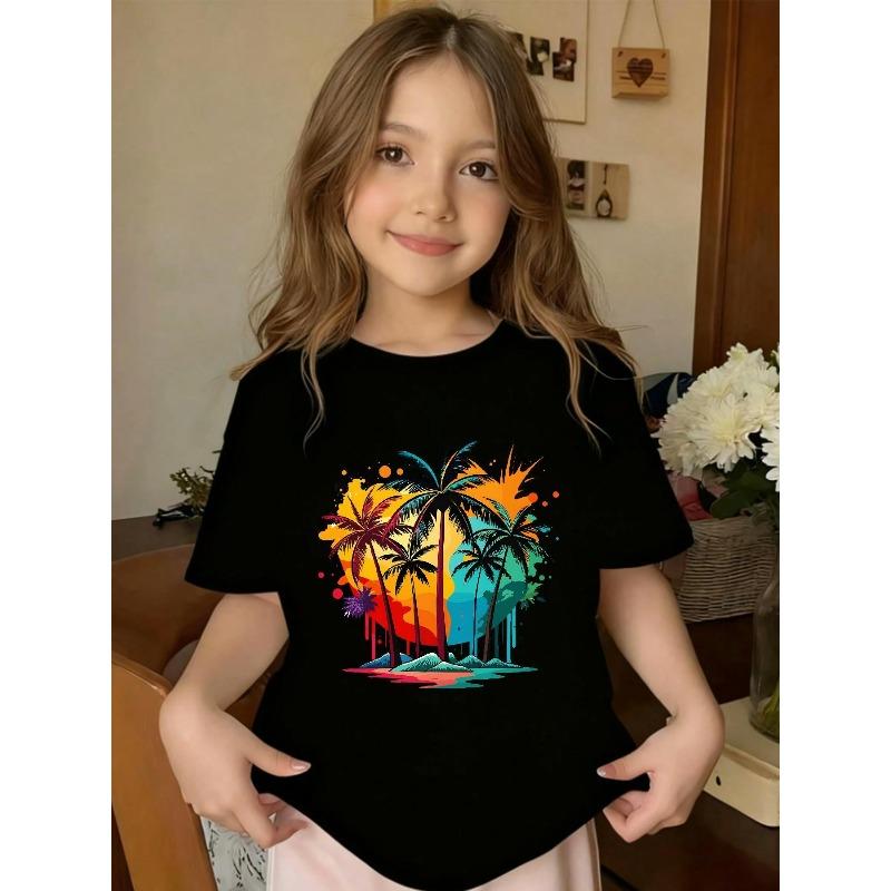 European sizes A Printed Design Featuring a Sunset, Coconut Trees, And a Beach. This Girls' T-Shirt Has a Short-Sleeve Crew Neck
