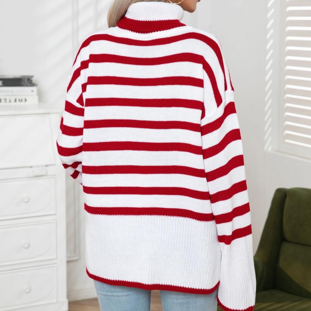 IHUASU Женский полосатый свитер средней длины с разрезом по бокам и высоким воротом — фото 8