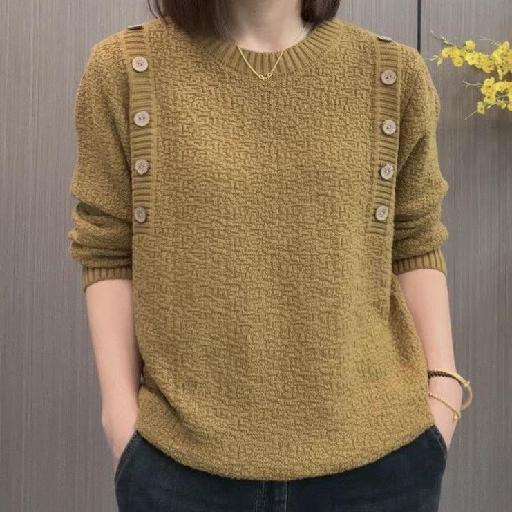 Вязаный свитер с пуговицами, женский, осень и зима, большие размеры, круглый вырез, темпераментный свитер, свободный топ S