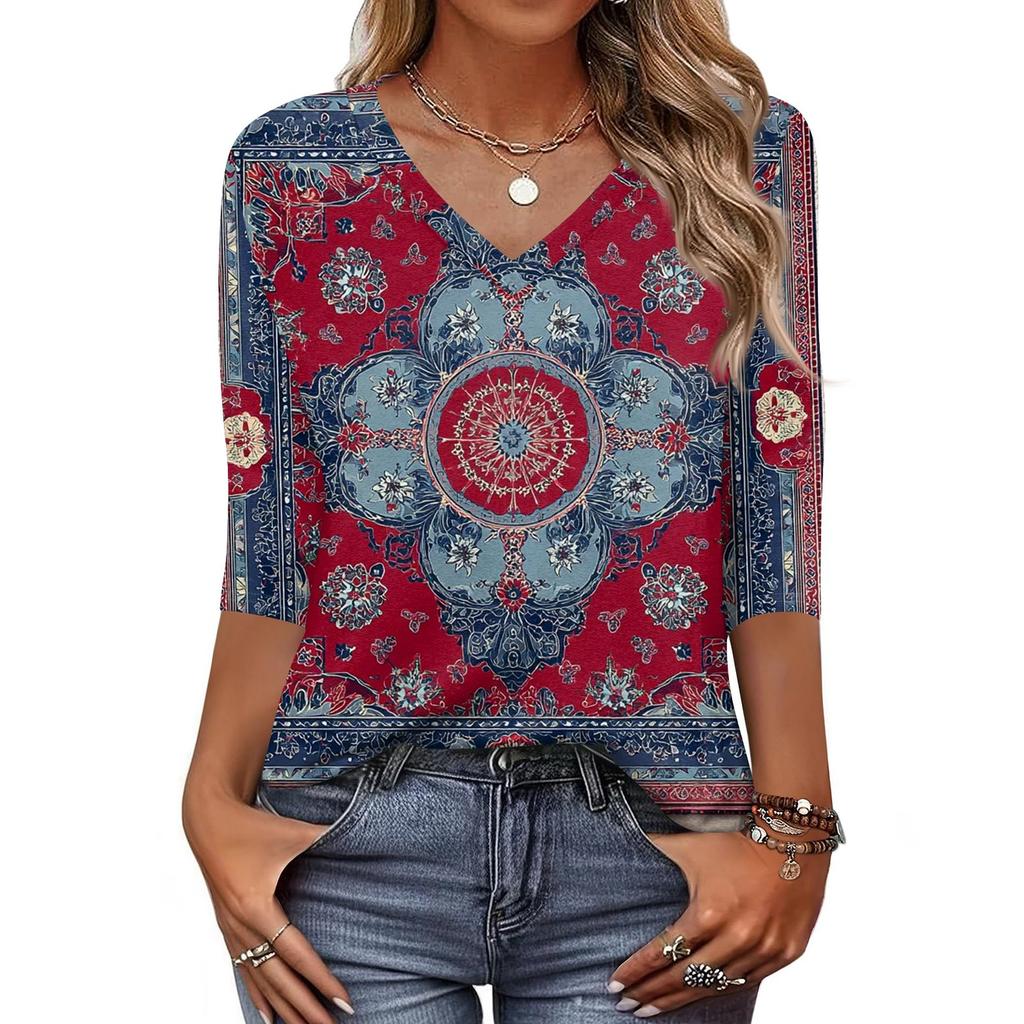 Women's T Shirt Print 3/4 Sleeve Daily Weekend Fashion Basic V- Neck Regular Top