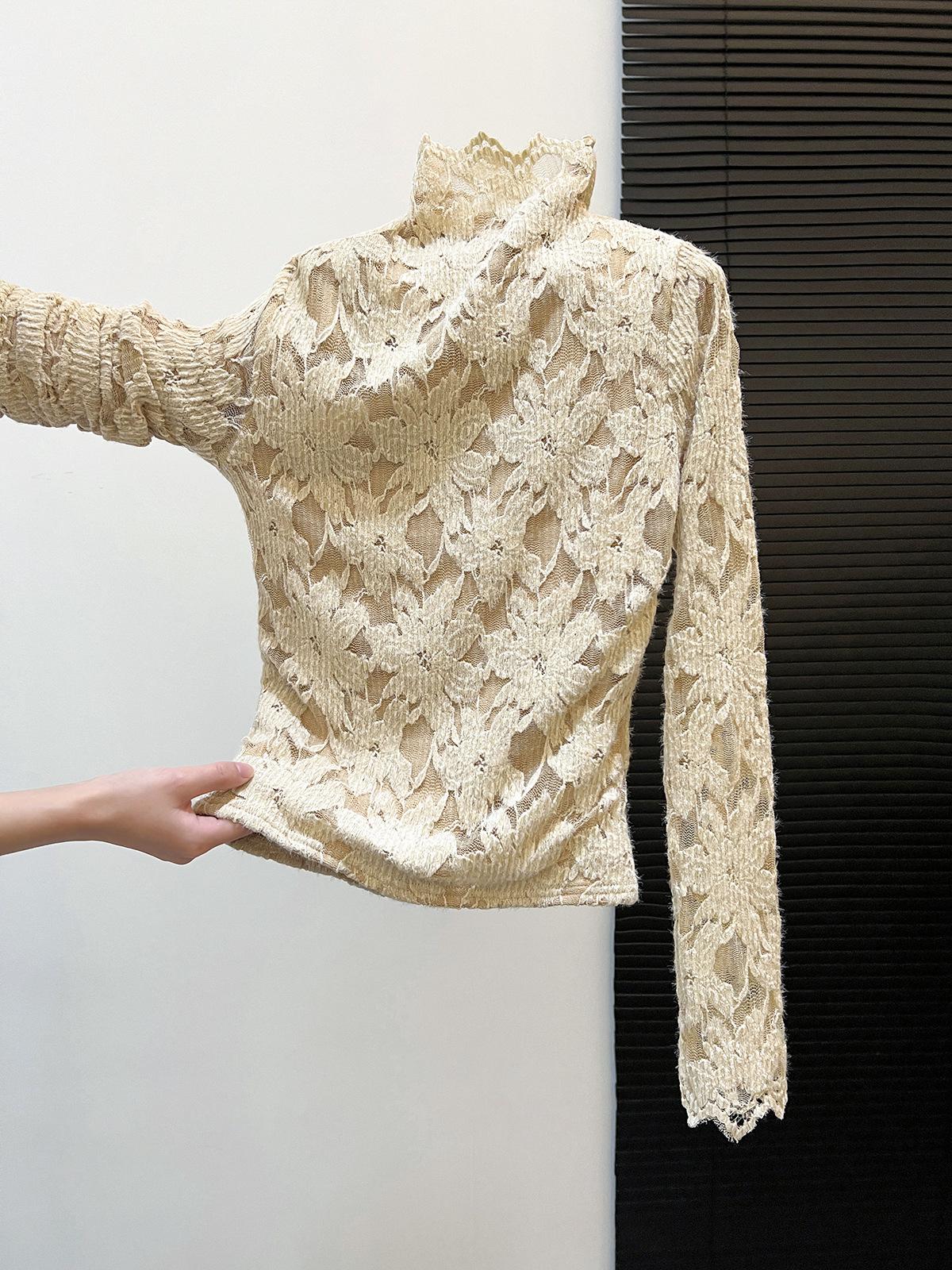 Elegant French Lace Half-high Collar Top with Warm Velvet Lining - Trendy Long-sleeved Socialite Style S
