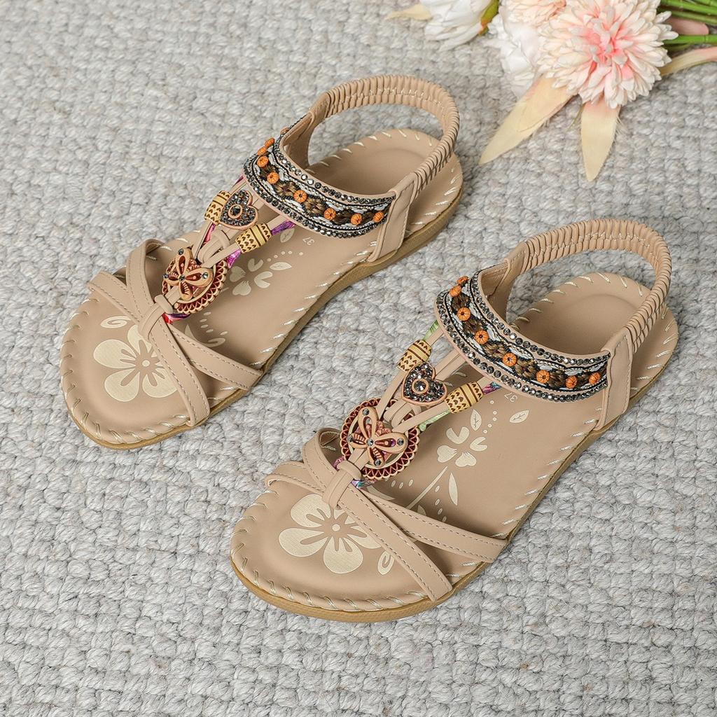 35-45 Women’s Bohemian Flat Beaded Rhinestone Beach Sandals BOHO Slides