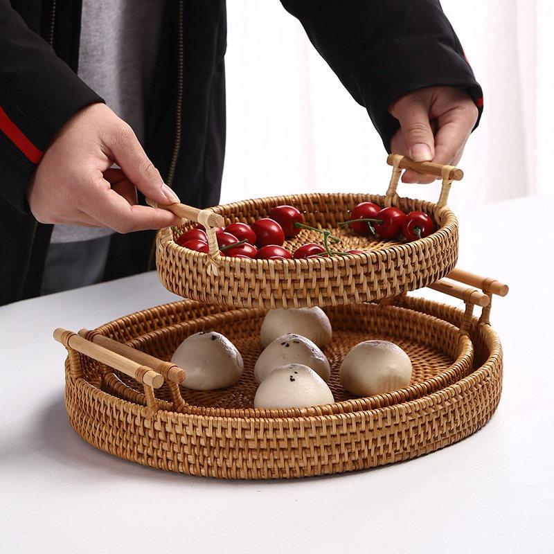 Handwoven Rattan Fruit Bowl Tray - Natural Woven Snack & Bread Serving Basket, Boho Style Tabletop Centerpiece for Kitchen