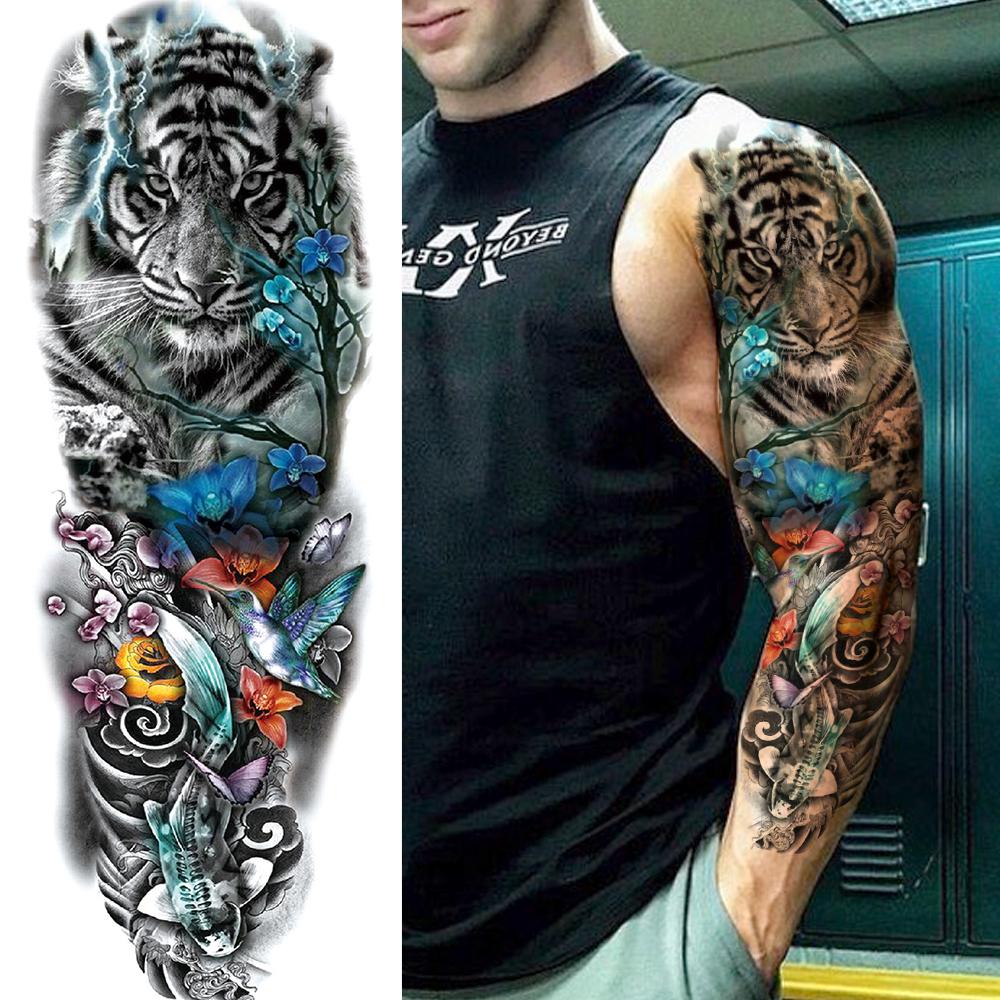 1 Sheet Long Sleeve Temporary Tattoos For Men Women Flower Skull Lion Wolf Tiger Nun Fox Compass Tattoo Sticker Body Art Arm Leg