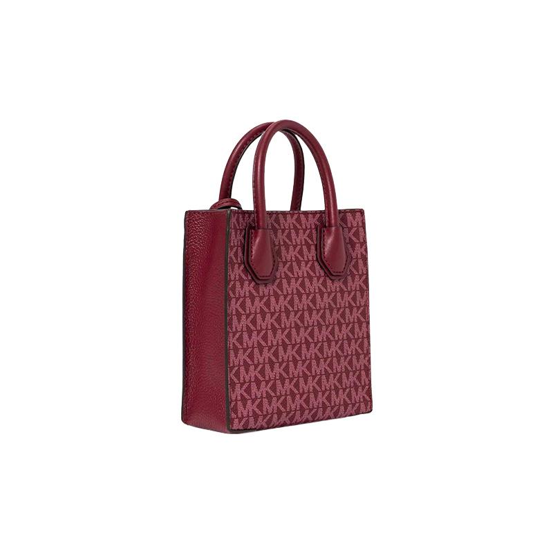 MICHAEL KORS Mercer 15 classic old flower printed magnetic buckle closure coated canvas handbag small size women's mulberry red