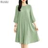 Women Casual Round Neck 3/4 Sleeve Loose Pleated Dress