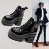 Winter Square Toe Women's Boots Lace-up Solid Color 2024 New Fashionable Thick Heel Glossy Super High Heel Women's Short Boots