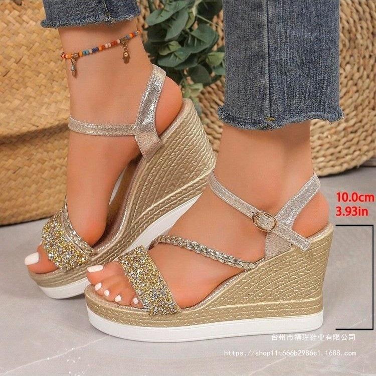 Summer new fashion fish mouth one-word buckle strap high heel fashion casual large size women's Roman rhinestone sandals gold