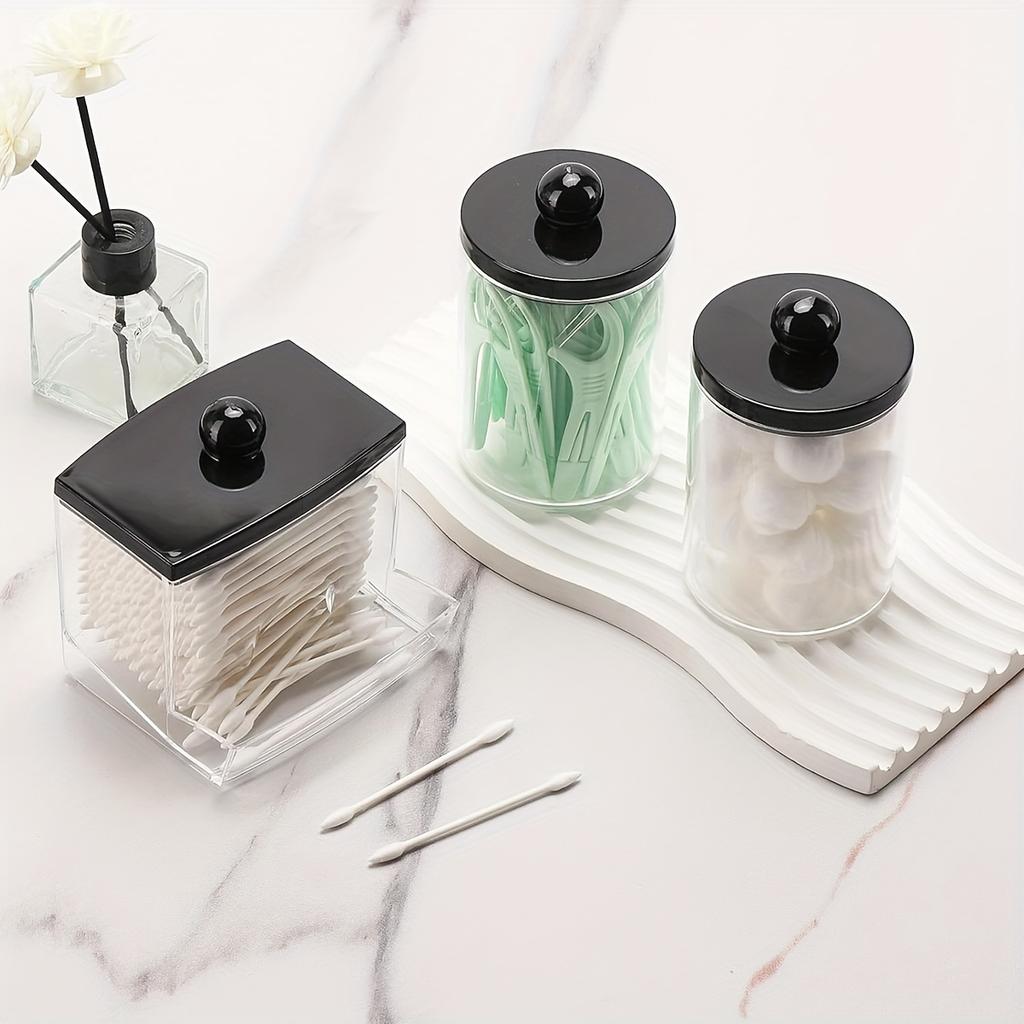 3 Pack Bathroom Organizers and Storage Containers Qtips Holder Dispenser Plastic Apothecary Jars with Black Lids for Cotton
