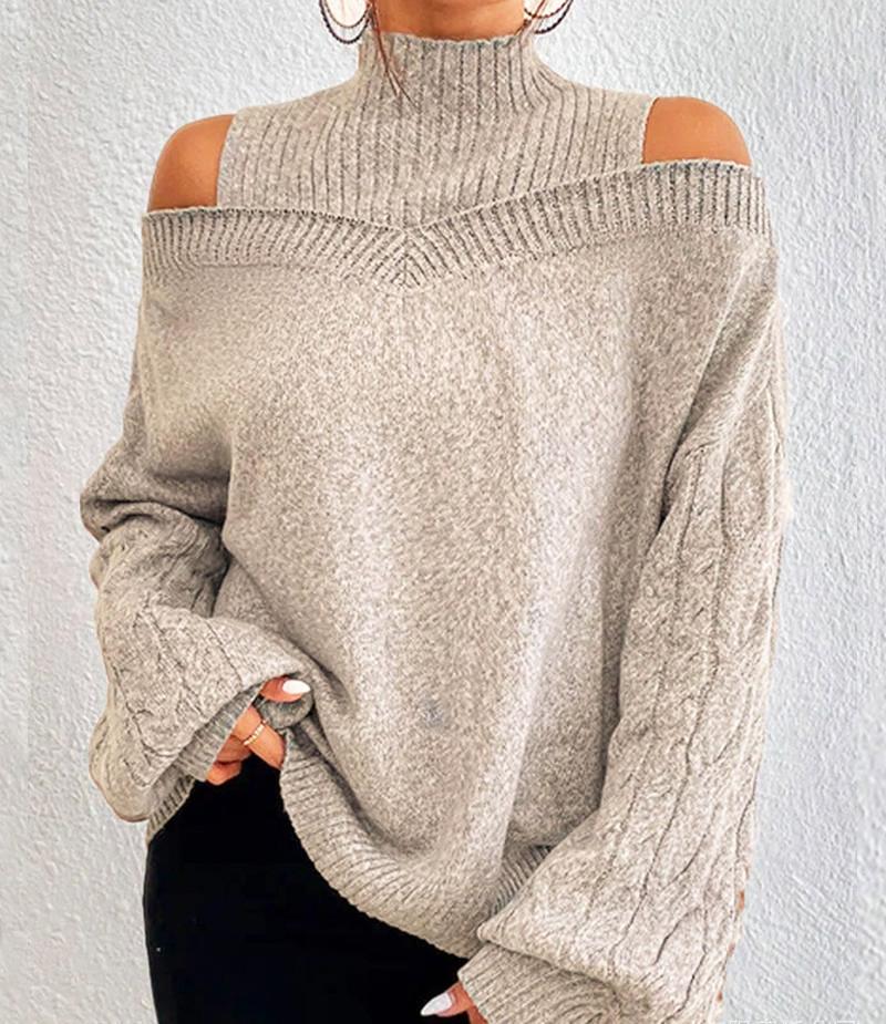 Open-shoulder Loose Semi-turtleneck Sweater with Lantern Sleeves